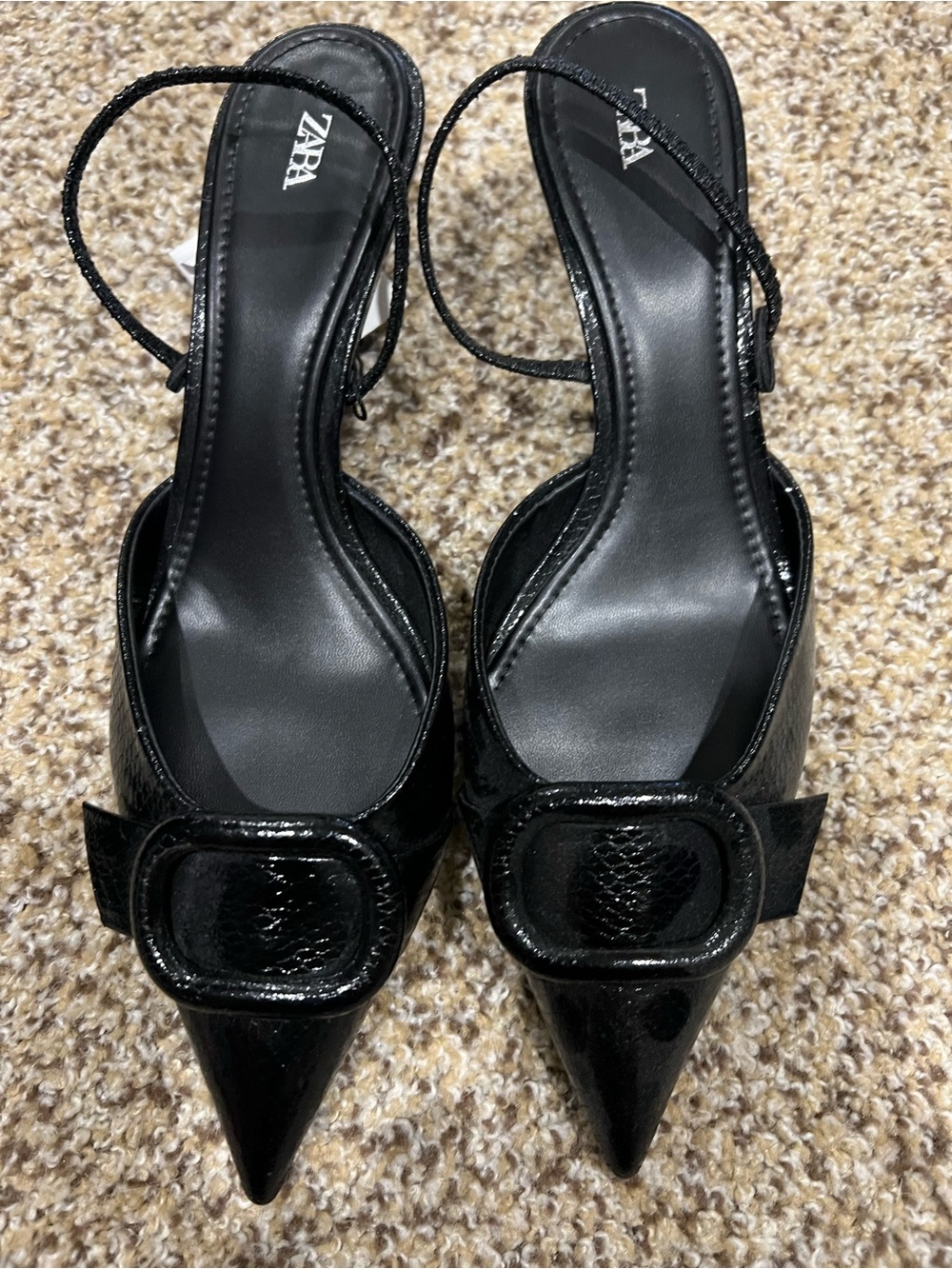 Zara Black Patent Pointed-Toe Slingback Heels with Buckle Detail
